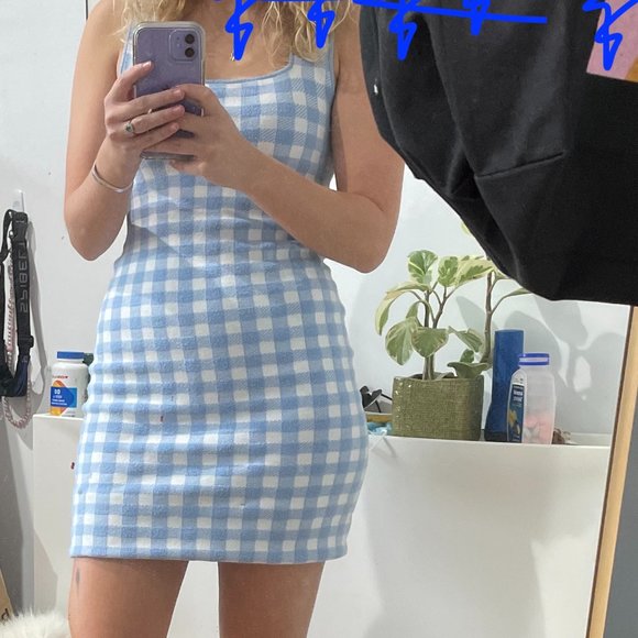 Staud Blue & White Checkered Sweater Dress - Picture 1 of 6
